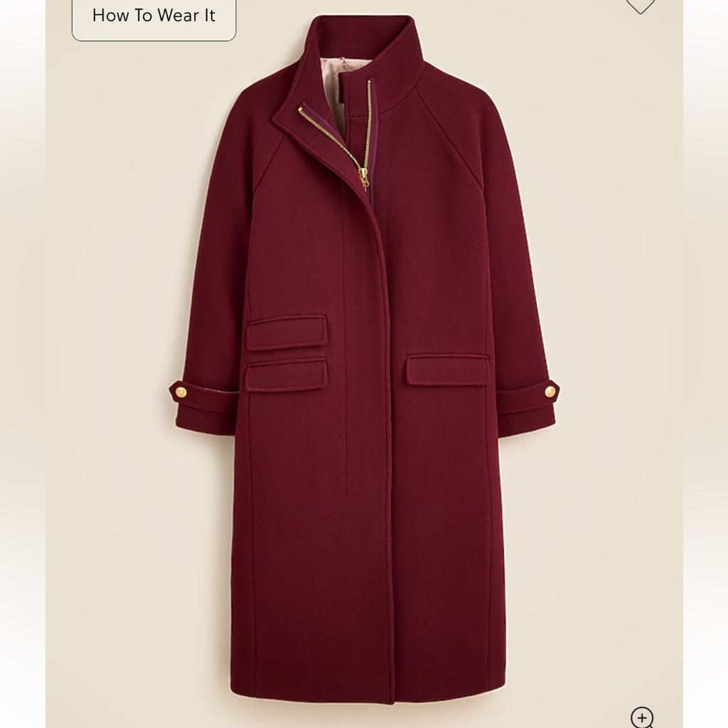 J. Crew Burgundy Long Toscana Coat In Italian Stadium-Cloth Wool Blend